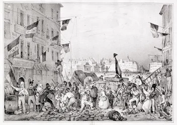 Barricata in Rue Dauphine, 29 luglio 1830, inciso da H. Delaporte