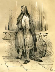 Clodione il Capelluto, capo dei Franchi Salii dal 428 circa fino alla sua morte nel 447, probabile antenato dei Merovingi. Incisione di Victor Adam (1801-1866) nel libro "Francia nel Medioevo" pubblicato dai fratelli Ardant a metà del XIX secolo