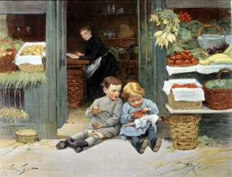 Due bambini mangiano una mela e delle fragole. Illustrazione