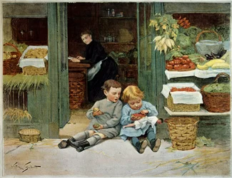 Tour lui. Bambino che mangia pane tostato davanti alla spesa della madre. La bambina ha una bambola sulle ginocchia. Dipinto di Victor Gilbert (1847-1935). Parigi, Arti Decorative