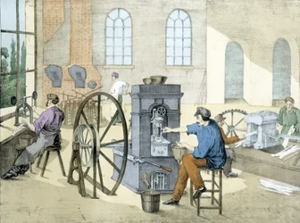 Negozio di monete (coniazione di monete), litografia di Janson. XIX secolo