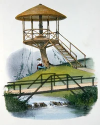 Una capanna e un ponte rustico al Parc de la Motte, Bourgogne, illustrazione da 