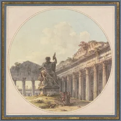 Capriccio architettonico: Interno di una rovina di tempio con una statua di Giove Tonante e figure di staffage