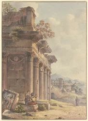 Capriccio architettonico: rovine di una facciata di tempio, sullo sfondo paesaggio con edifici e baia