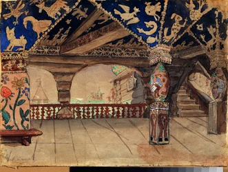 Decorazione preparatoria per la pièce teatrale "La fanciulla delle nevi" di Alexandre Ostrovski. La terrazza in legno