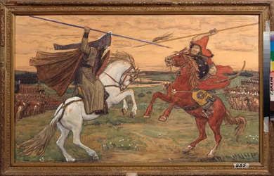 Il duello tra Aleksandr Peresvet e il tataro Chelibey (o Chelubey, Temir Murza (Temir-Murza)) nella pianura di Kulikovo nel 1380, durante la battaglia tra i russi e l