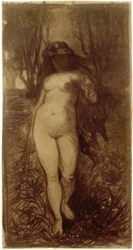 Nudo femminile in paesaggio notturno con luna piena