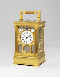 Orologio da viaggio francese in ottone grande sonnerie otto giorni con calendario completo, fasi lunari, barometro e termometro