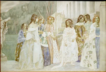 Requiem: giovani donne in abiti con crinolina conversano in un giardino - Opera di Viktor (Victor) Elpidiforovich Borisov-Musatov (Borisov Musatov) (1870-1905)