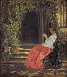Donna che legge fuori da una porta del giardino