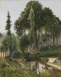 Paesaggio della Savoia. Donne che lavano i panni nel fiume
