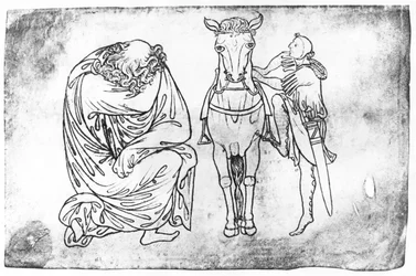 Copia facsimile di Ms Fr 19093 fol.23v Uomo seduto, Cavaliere che monta a cavallo