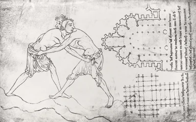 Due lottatori, pianta di una chiesa cistercense e pianta del coro di Notre-Dame de Cambrai (copia facsimile)