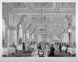 La sala del caffè nel London Bridge Railway Terminus Hotel, Bermondsey, Londra, 1860