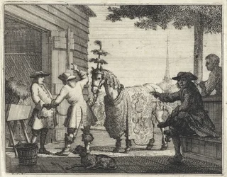 Commercianti vicino a un cavallo riccamente decorato