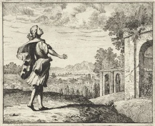 Uomo in un paesaggio che guarda verso il cielo