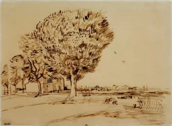 Paesaggio con casa e alberi