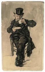 Abitante del povero con cilindro che beve una tazza di caffè, 1882