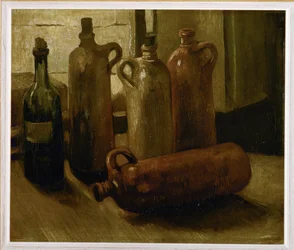 Natura morta con cinque bottiglie... (olio su tela)