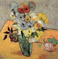 Natura morta con vaso giapponese, rose e anemoni