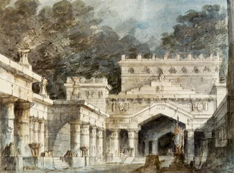 Scenografia di Francesco Bagnara per la quinta scena di Norma, opera di Vincenzo Bellini, rappresentata al Teatro La Fenice di Venezia