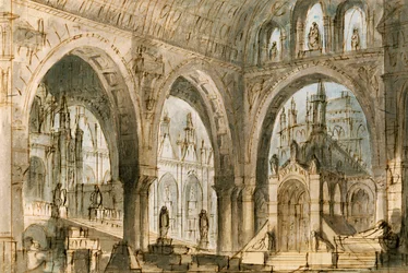 Scenografia di Francesco Bagnara per la quarta scena di Capuleti e Montecchi, opera di Vincenzo Bellini, rappresentata al Teatro La Fenice di Venezia
