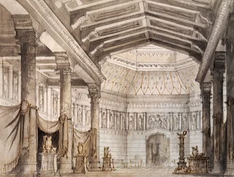 Scenografia di Francesco Bagnara per la seconda scena di Norma, opera di Vincenzo Bellini, rappresentata al Teatro La Fenice di Venezia