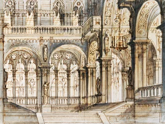 Scenografia di Francesco Bagnara per la terza scena di Capuleti e Montecchi, opera di Vincenzo Bellini, rappresentata al Teatro La Fenice di Venezia