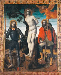 San Sebastiano, San Rocco e San Giorgio, lato posteriore dello stendardo processionale di Orzinuovi, di Vincenzo Foppa, pittura su tela