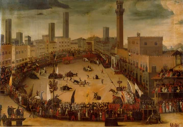 Piazza del Campo, torneo di animali allegorici (olio su tela)