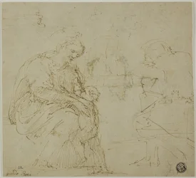 Schizzi di Vergine e Bambino, figura seduta e paesaggio