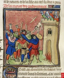 (dettaglio) di una miniatura della Terza Crociata dei Pastoureaux. Ebrei che gettano i loro figli da una torre, dopo il 1380