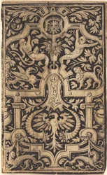 Ornamento a cinghia e fogliame su sfondo scuro con scimmie e altri animali