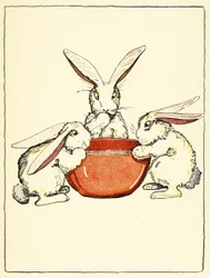 Flopsy, Mopsy e Cotton-Tail avevano pane e latte e more per cena, da The Tale of Peter Rabbit, pub. 1916 (litografia a colori)