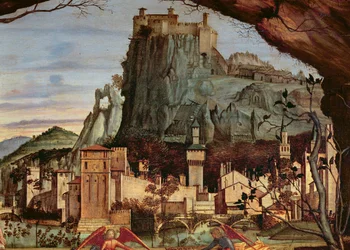 Sacra conversazione, dettaglio della città e del castello sullo sfondo (dettaglio)