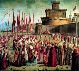 I pellegrini sono accolti da Papa Ciriaco davanti alle mura di Roma La leggenda di Sant