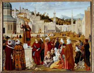 La predicazione di Santo Stefano a Gerusalemme. Parte di una serie eseguita per la cappella della Scuola di Santo Stefano a Venezia. Dipinto di Vittore Carpaccio (1450/54-1525/26)