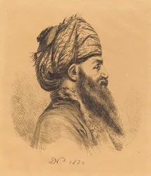 Profilo di testa di orientale con turbante