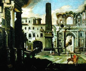 Scena di città in Italia con rovine antiche