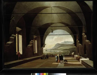 Galleria voltata con paesaggio marino sullo sfondo