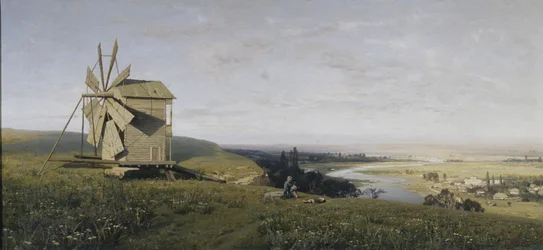 Paesaggio ucraino con mulino a vento