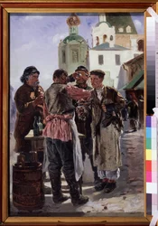 Venditore di kvas (Kwass). Bevanda fermentata e frizzante, leggermente alcolica e popolare, soprannominata birra di pane, bevanda nazionale russa - Vladimir Egorovič Makovskij (Makovsky, Makovskij) (1846-1920)