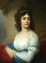 Ritratto di una donna sconosciuta in abito bianco con nastro blu, fine anni 1790