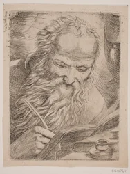 Un vecchio che scrive in un libro