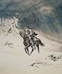 Cavaliere del Pony Express nelle montagne della Sierra Nevada