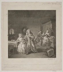 La stanza del parto III. atto 6. scena. Incisione dal Holberg Galleri di Lorenzen