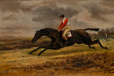Un cavallo al galoppo con fantino, con i colori da corsa di Bradford, c.1839-98