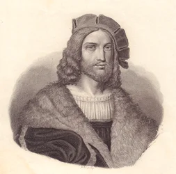 Ritratto del poeta italiano Antonio Tebaldeo (1463-1537), incisione in rame dal dipinto di Raffaello