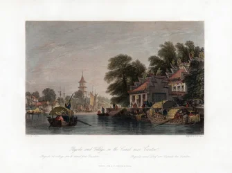 Pagoda e villaggio, sul canale vicino a Canton, Cina, c1840