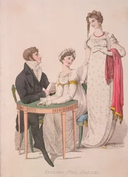 Due donne e un uomo in abito da sera completo, c1810